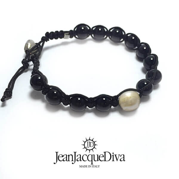 JJD bracciale etnico Tamaschi perla argento - sfere 8 mm nero lucido