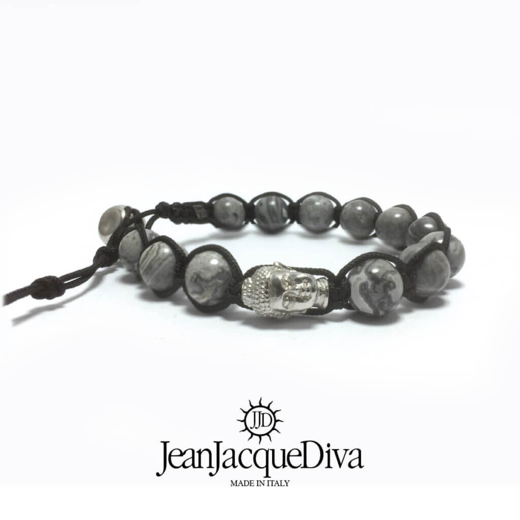 JJD bracciale Buddha Tamaschi e pepita in argento nov25 - sfere 8 mm diaspro grigio