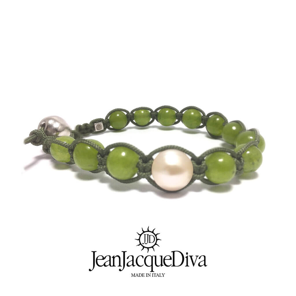 JJD bracciale etnico Tamaschi perla e pepita argento - sfere 8 mm in peridoto verde