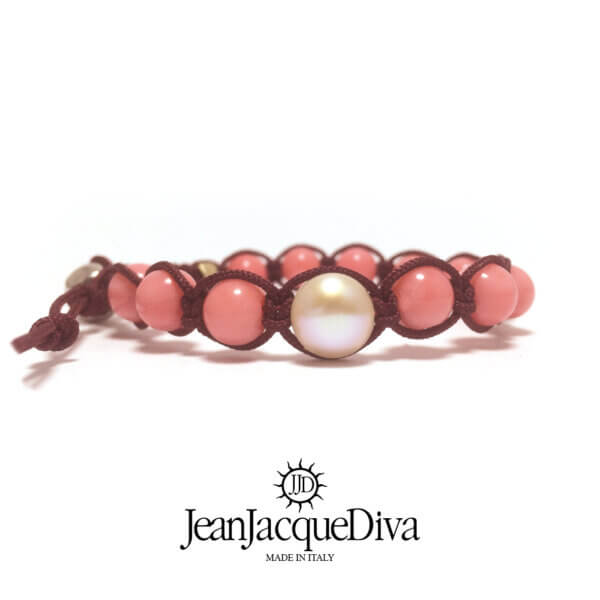 JJD bracciale etnico Tamaschi perla e pepita argento - sfere 8 mm in corallo rosa