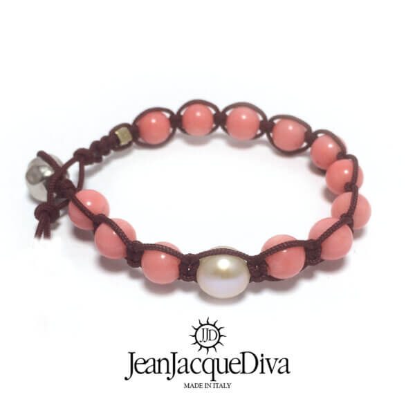 JJD bracciale etnico Tamaschi perla e pepita argento - sfere 8 mm in corallo rosa