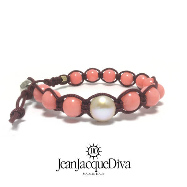 JJD bracciale etnico Tamaschi perla e pepita argento - sfere 8 mm in corallo rosa