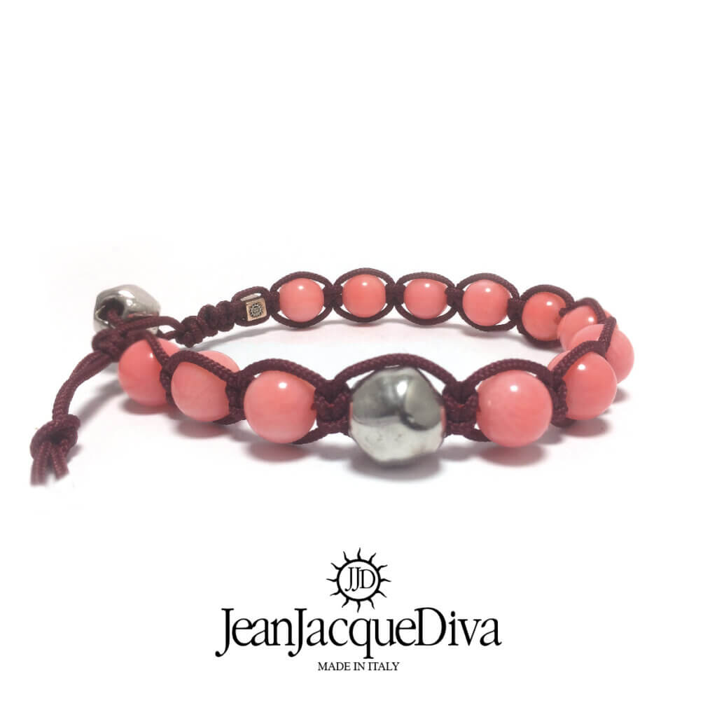 JJD bracciale etnico Tamaschi pepita argento - sfere 8 mm in corallo rosa