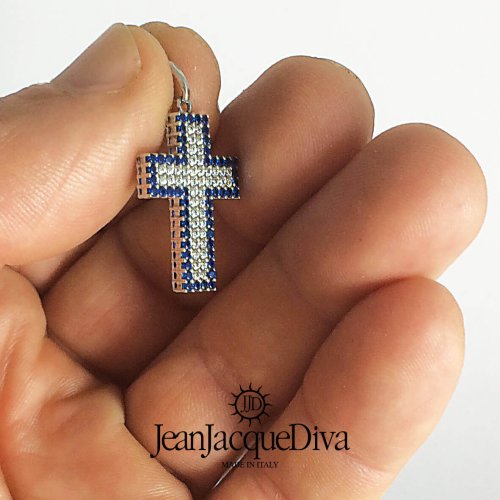 Girocollo e pendente croce con pavè grande blù